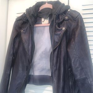 JACKETT NYC 100% Genuine Soft Leather Moto Washed Black Gray Hooded Jacket